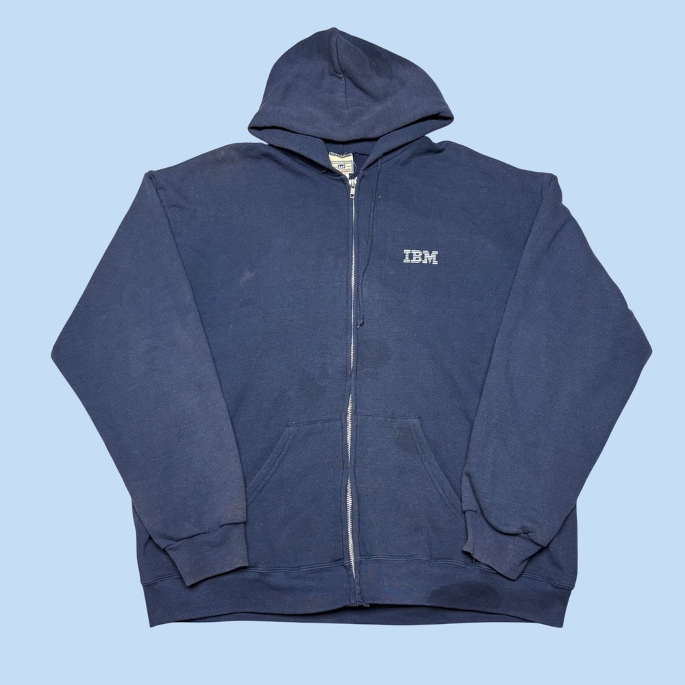 Vintage Lee Heavyweight IBM Zip Up Hoodie Navy Blue Mens XL Sweatshirt Tech 90s